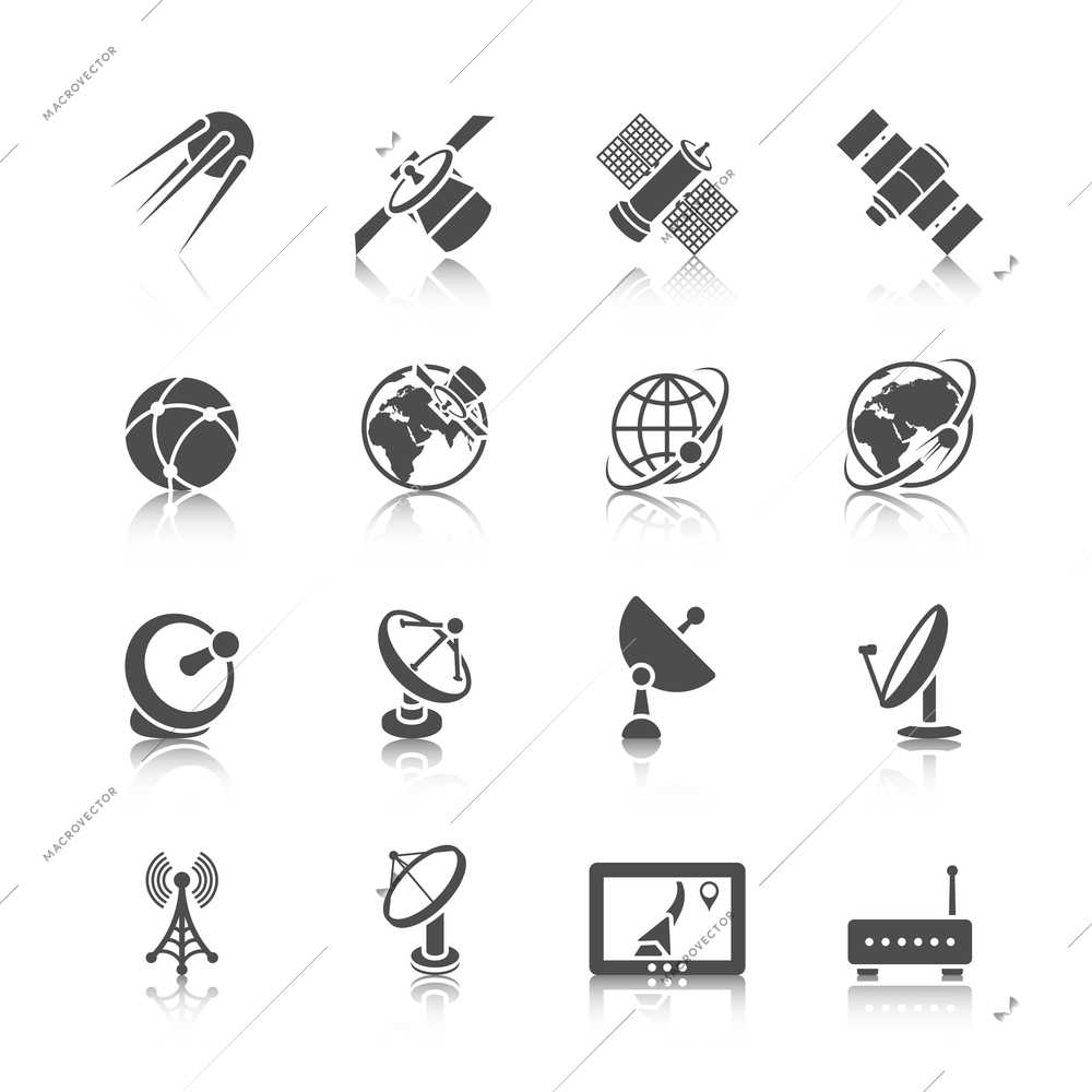 Earth orbit space station and satellite dish digital receiver communication icons set black abstract isolated vector illustration