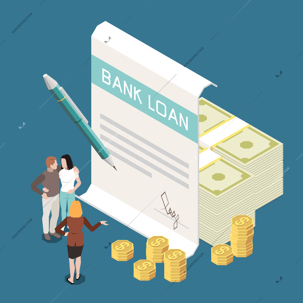 Bank loan term interest lending rate isometric composition with banknotes coins piles agreement signing background vector illustration