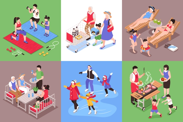 Isometric generation family design concept with set of six square compositions with family member characters together vector illustration