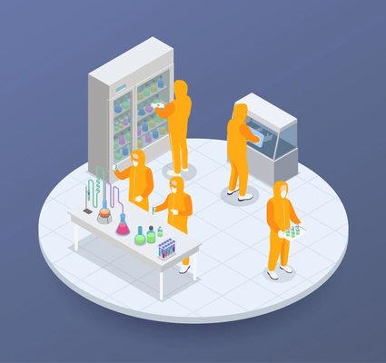 Pharmaceutical production isometric composition of round platform with scientist characters and test tubes with colourful liquids vector illustration