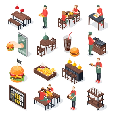 Burger house isometric recolor set of isolated icons food images and characters of fastfood restaurant workers vector illustration