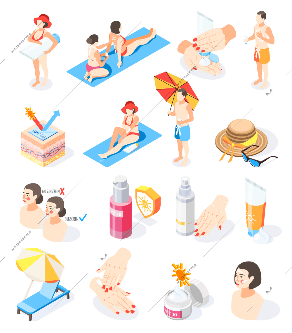 Sunscreen isometric icons collection with isolated images of sunburn creams spray and human characters with hands vector illustration