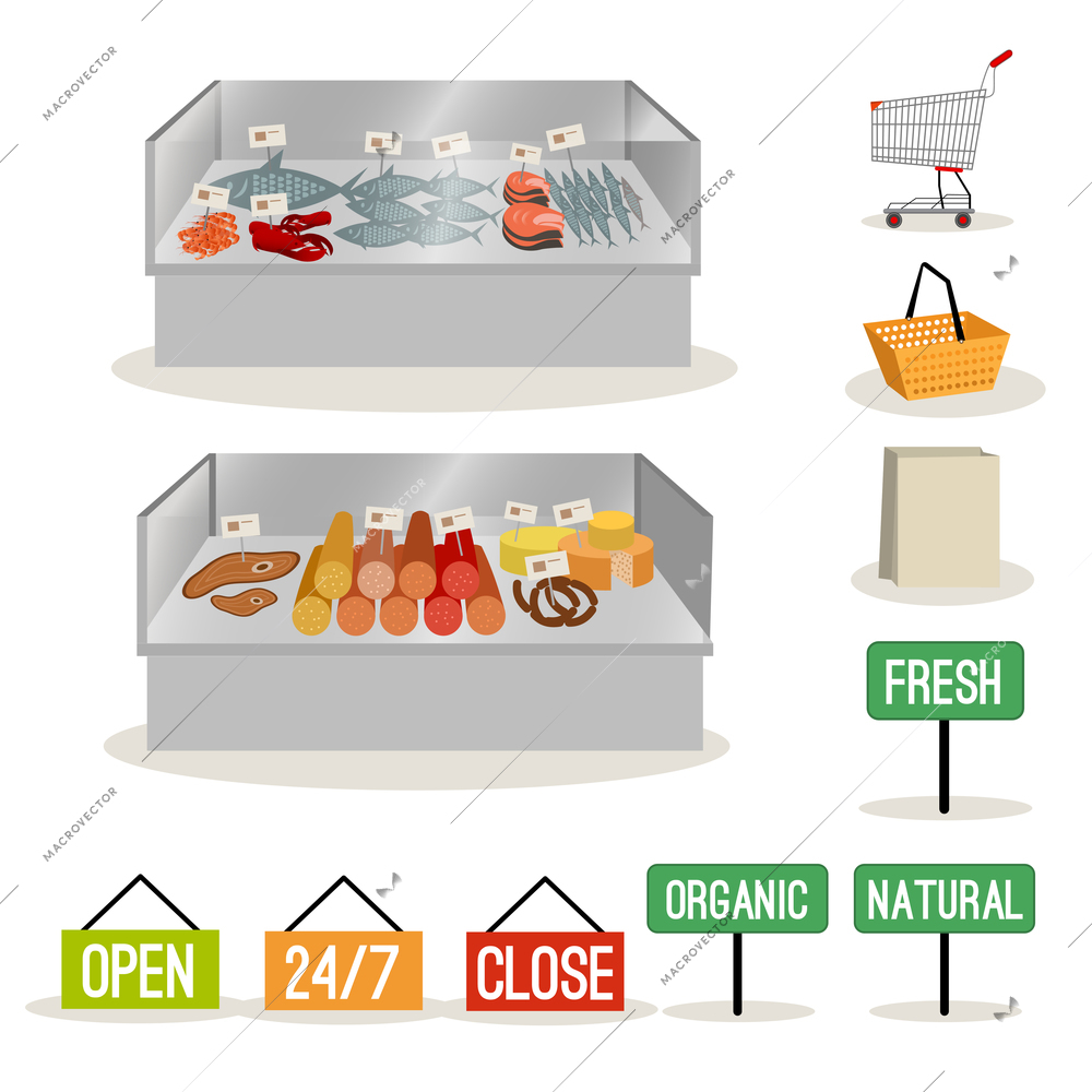 Supermarket meat and fish set and shopping signs isolated vector illustration