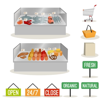 Supermarket meat and fish set and shopping signs isolated vector illustration