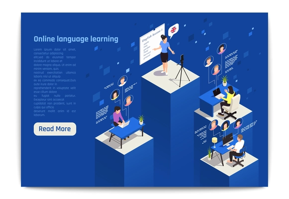 Learn foreign language in virtual classroom innovative flexible courses landing page with english lesson isometric vector illustration