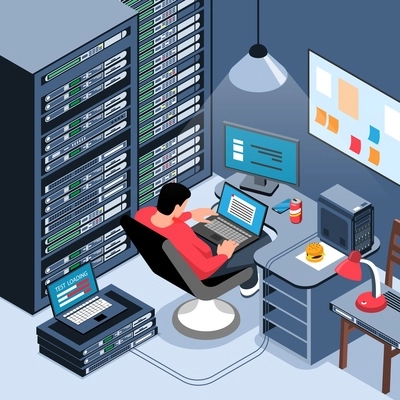 Male sysadmin working on laptop in his office 3d isometric vector illustration