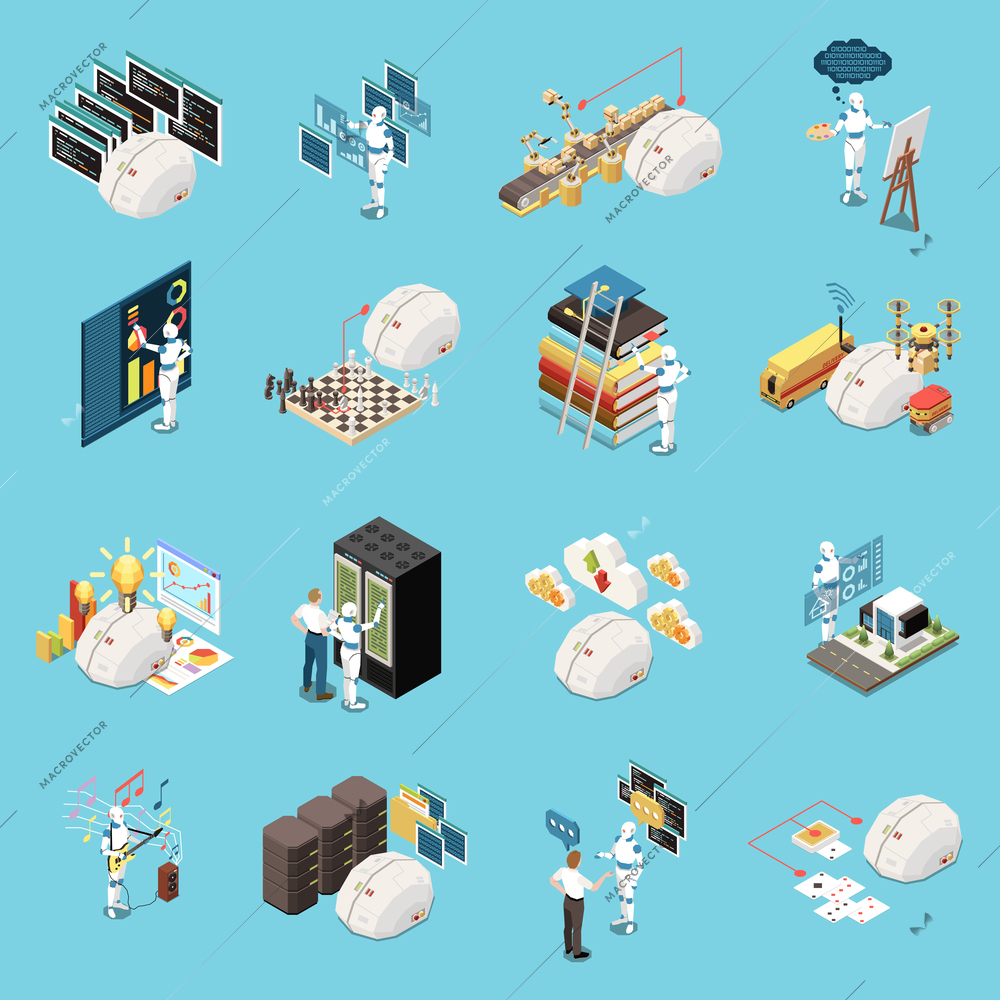 Artificial intelligence set of isometric icons and isolated compositions of pictograms electronic equipment images and robots vector illustration