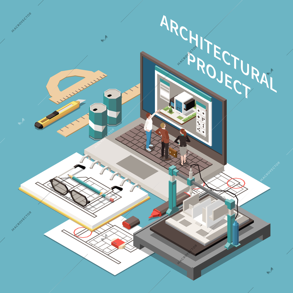 Architect isometric composition with elements of architects working place projects pencils and laptop with small people vector illustration