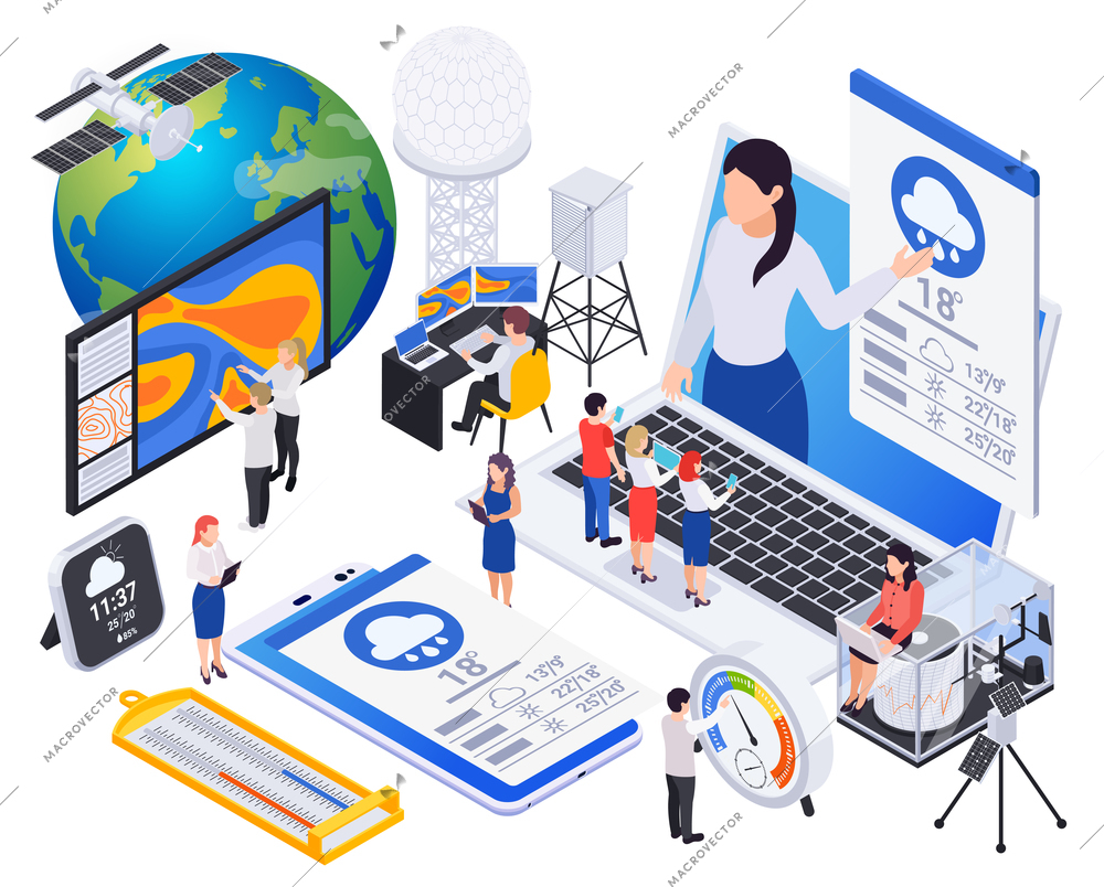 Meteorology weather forecast isometric composition with images of computer screens satellite and radars with human characters vector illustration