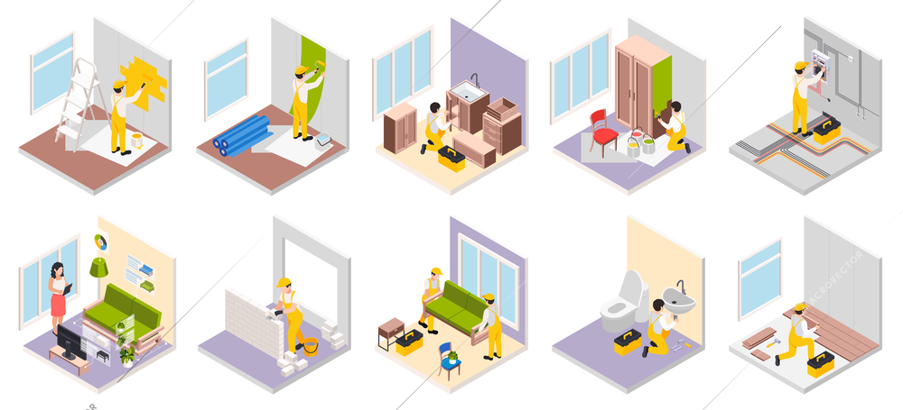 Renovation repair works isometric set with isolated images of rooms with old new furniture and workers vector illustration