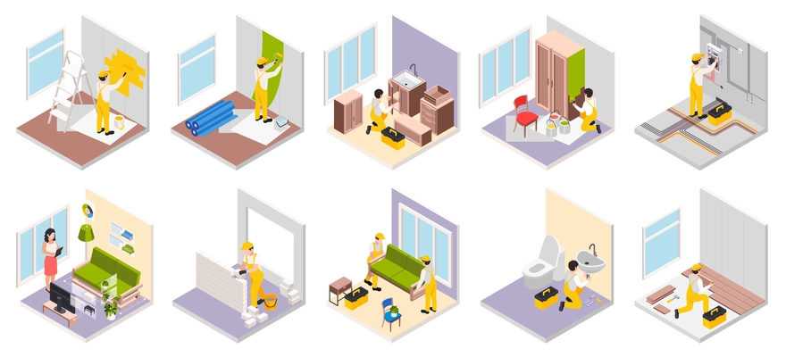 Renovation repair works isometric set with isolated images of rooms with old new furniture and workers vector illustration