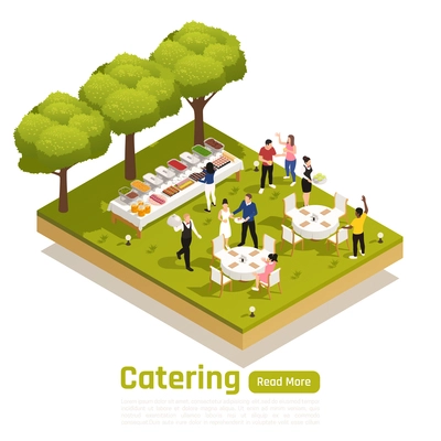 Special occasions corporate barbecue outdoor catering service website isometric element with natural park wedding ceremony vector illustration