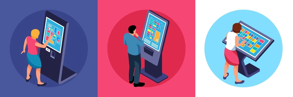 Isometric interactive users touchscreen design concept with compositions of people working with big touch sensitive screens vector illustration