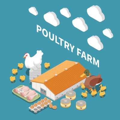 Poultry farm isometric composition with coop house for hen duck and turkey farming and products ready to eat vector illustration