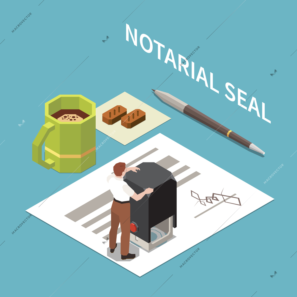 Notary seal isometric composition with little male figurine standing on document sheet and holding big stamp vector illustration