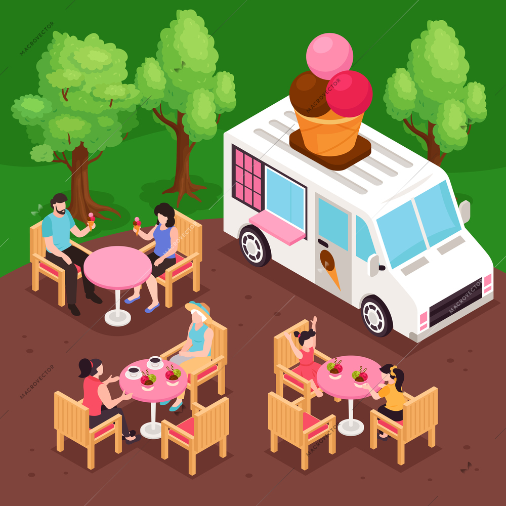 People having snack in park next to ice cream van 3d isometric vector illustration