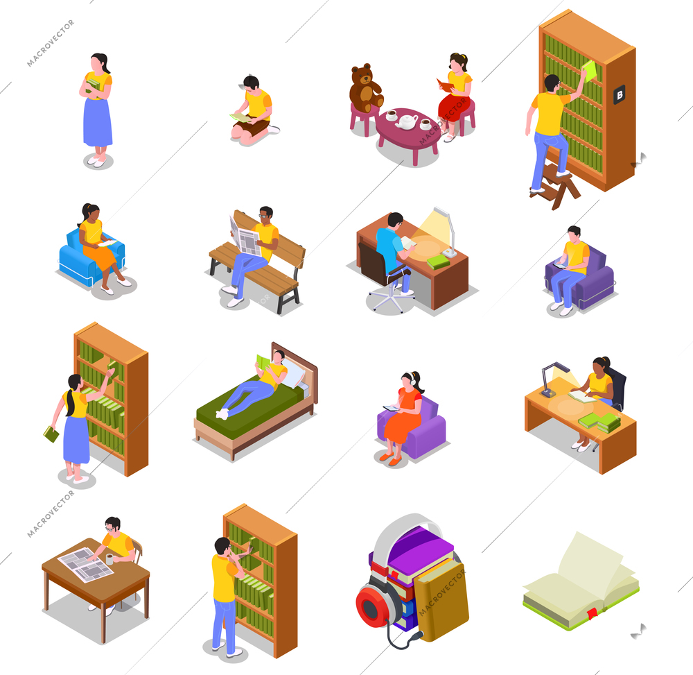 Reading isometric set of isolated icons and characters of reading people with furniture and book cases vector illustration