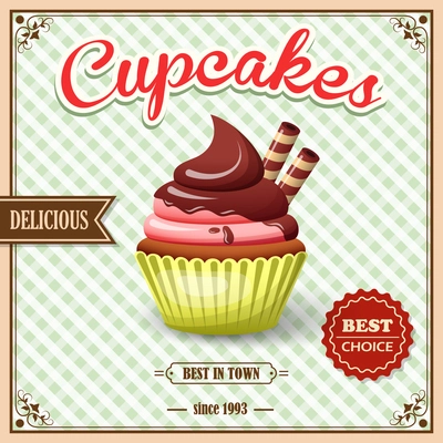 Sweet food dessert cupcake on cafe retro poster with squared background vector illustration.