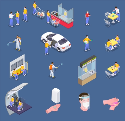 Social distancing isometric set of isolated disinfection sanitizing icons and people keeping safe amount of distance vector illustration