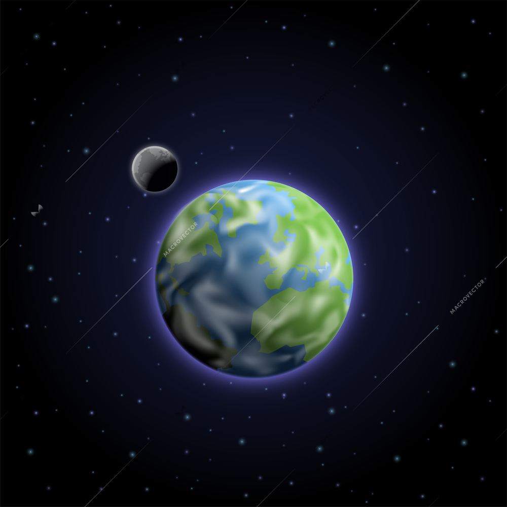 Modern space program isometric composition with view of outer space with stars and planet with satellite vector illustration