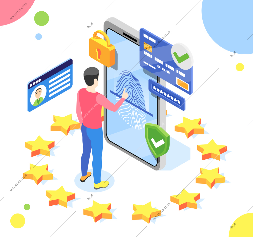 Personal data protection gdpr isometric composition with man and smartphone with pictograms inside eu stars circle vector illustration