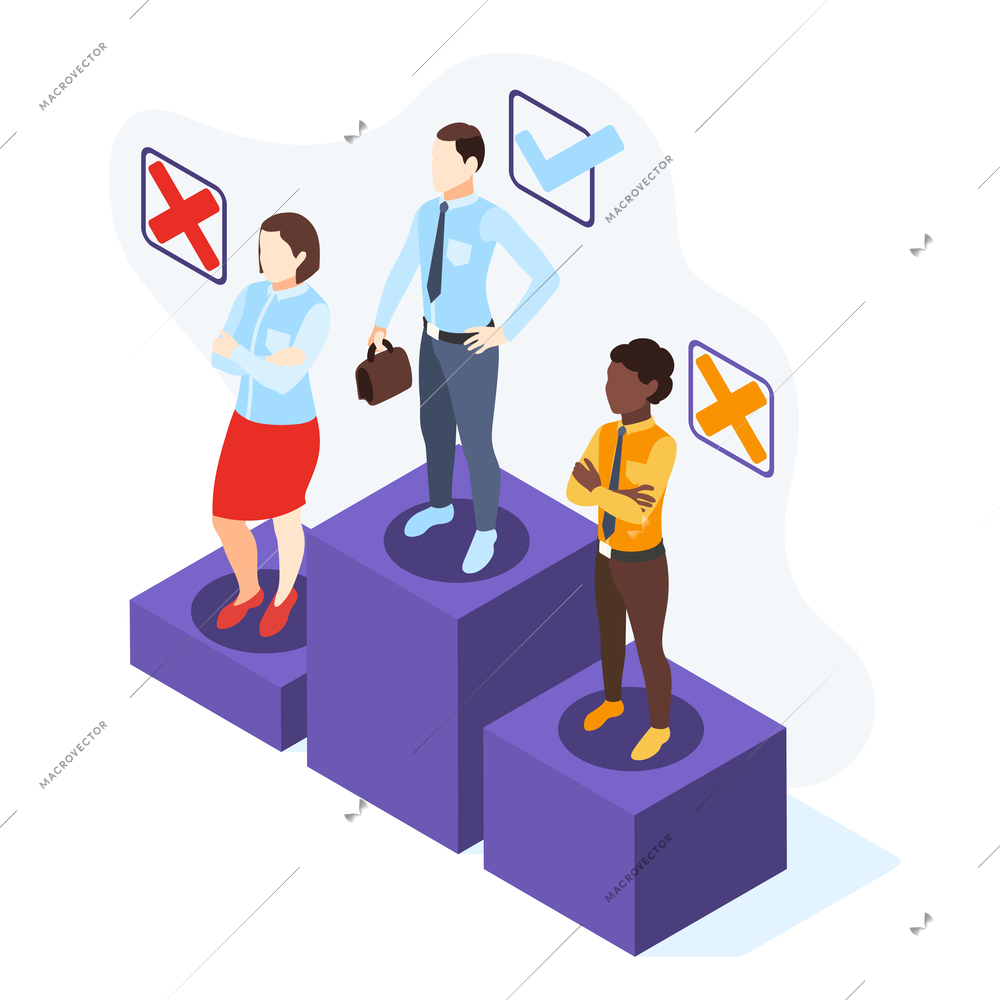 Discrimination isometric background with winners podium and people of colour with marks of refusal and approval vector illustration
