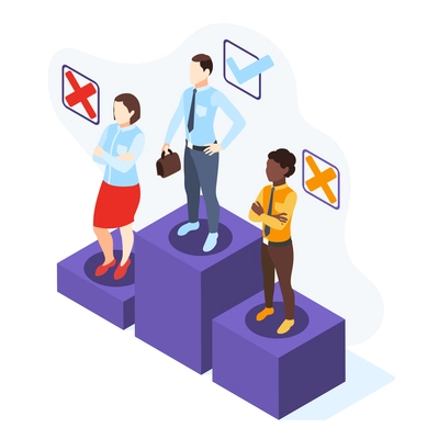 Discrimination isometric background with winners podium and people of colour with marks of refusal and approval vector illustration