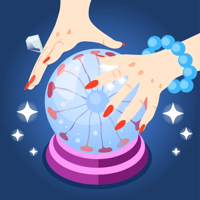 Magical services isometric composition with star icons and human hands of fortune teller holding crystal ball vector illustration