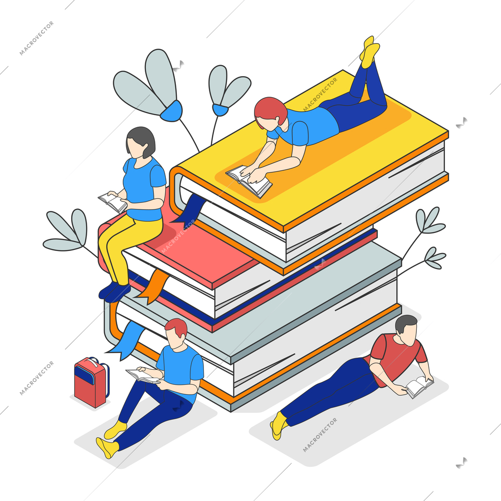 Reading people isometric composition with small human characters and stack of colourful closed books with flowers vector illustration