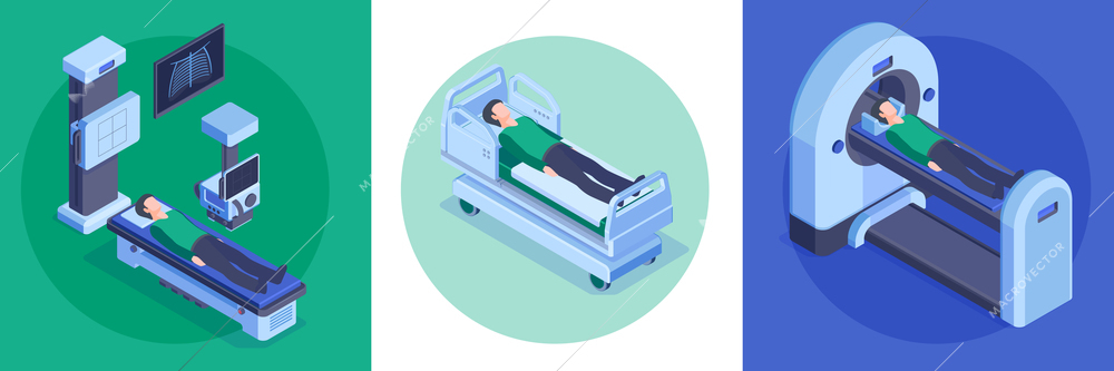 Hospital 3 isometric background compositions concept with diagnostic ultrasound mri scanner patient bed patients vector illustration