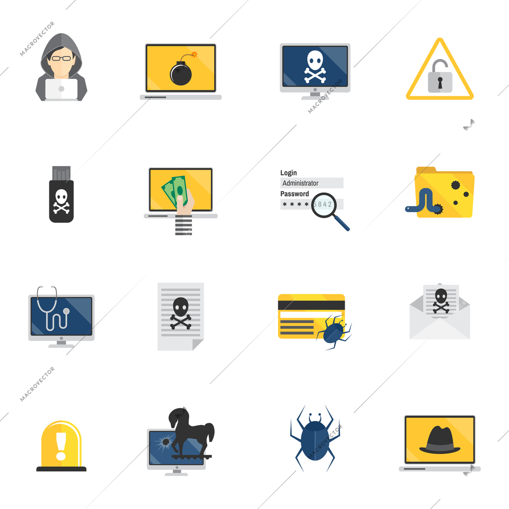 Hacker and computer security flat icons set isolated vector illustration