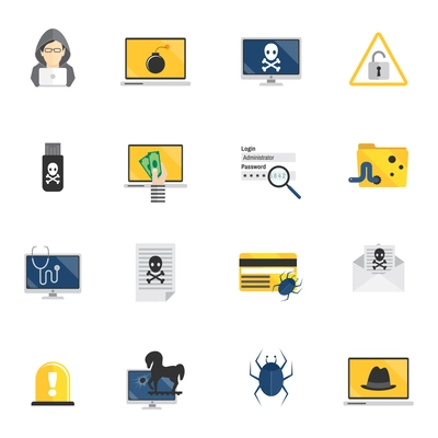 Hacker and computer security flat icons set isolated vector illustration