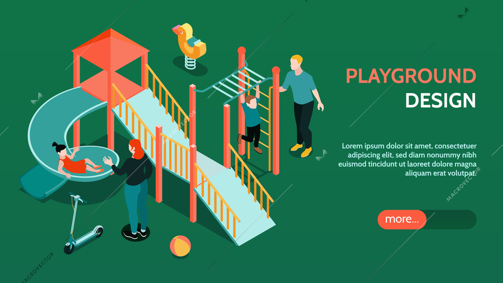 Isometric playground horizontal banner with editable text more button and play equipment images with human characters vector illustration