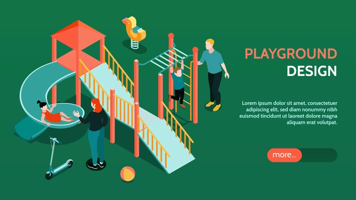 Isometric playground horizontal banner with editable text more button and play equipment images with human characters vector illustration