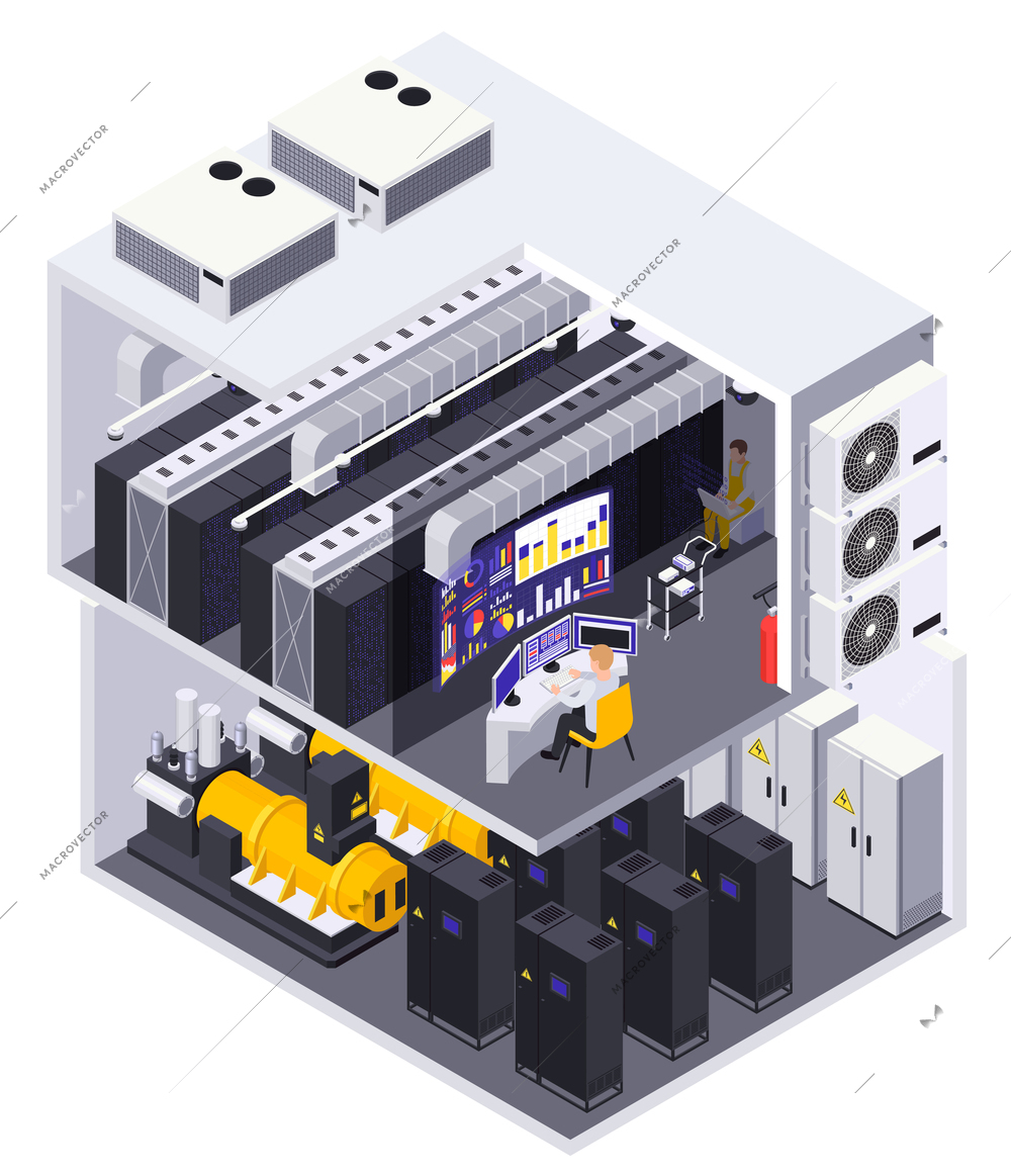 Data center 2 story facility isometric cutaway view with computer equipment servers routers operator desk vector illustration