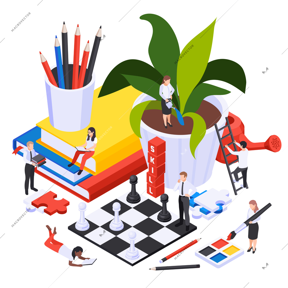 Personal growth self development skills isometric composition with plant watering  chessboard puzzle problems solving symbols vector illustration