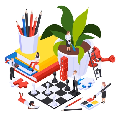 Personal growth self development skills isometric composition with plant watering  chessboard puzzle problems solving symbols vector illustration