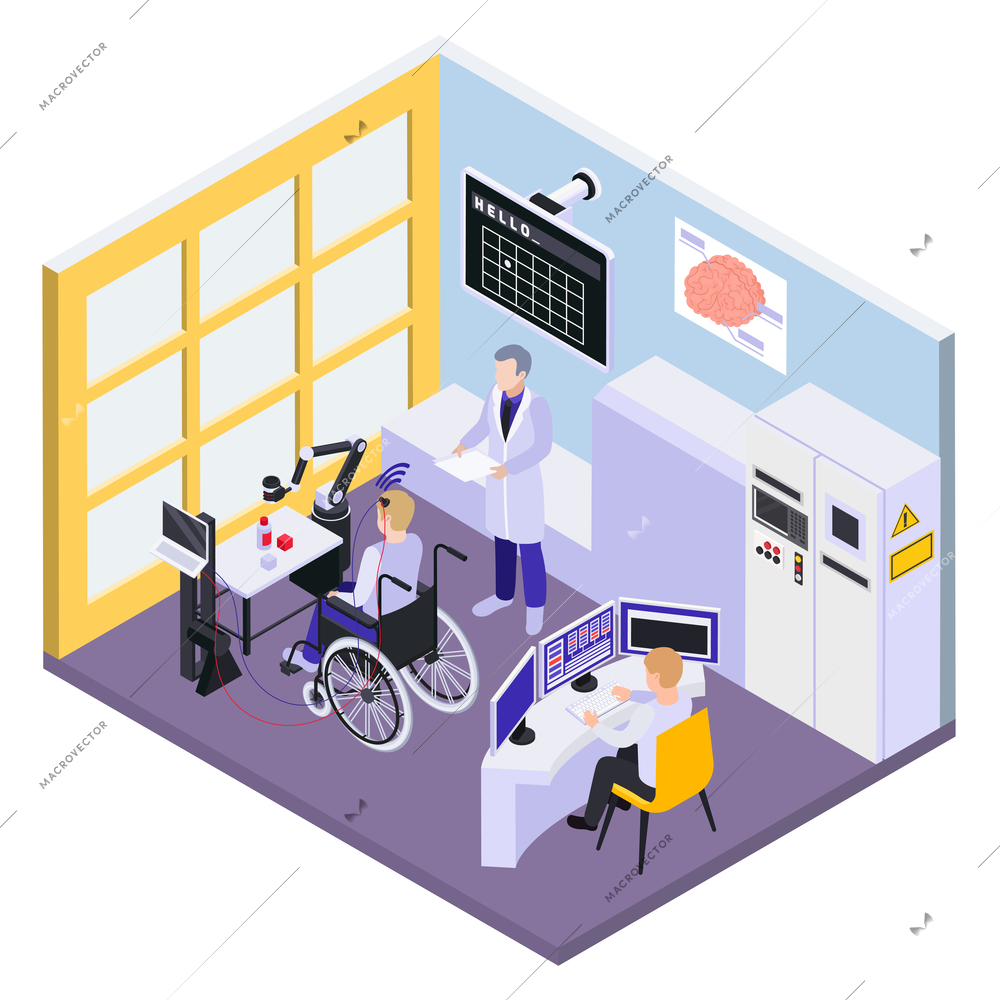 Brain chip implant for disables patient bio medical technologies research center interior isometric view vector illustration