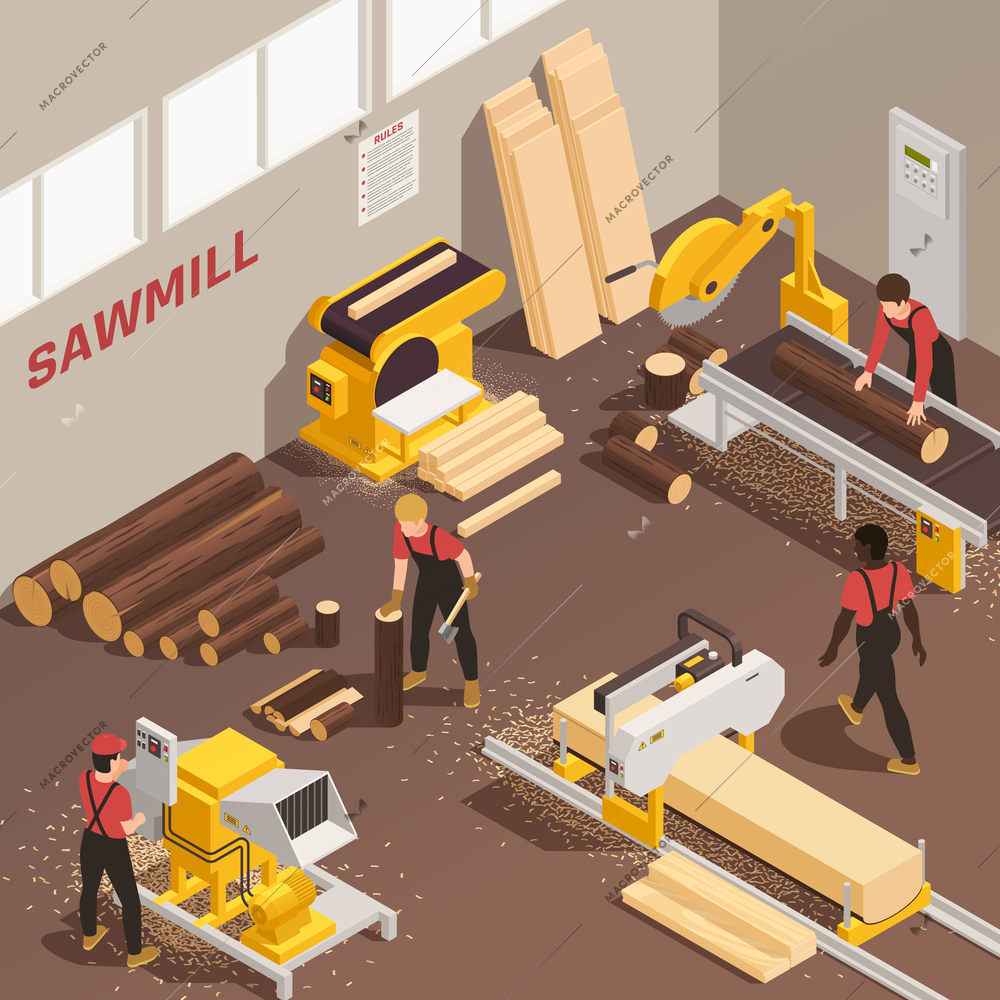 Timber machinery and lumberjacks working at sawmill 3d isometric vector illustration