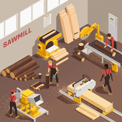 Timber machinery and lumberjacks working at sawmill 3d isometric vector illustration