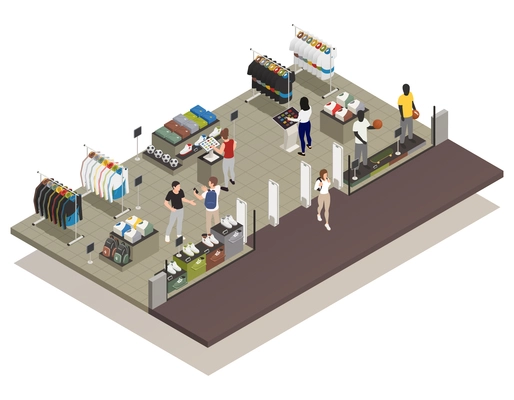 People using touch screen electronic board at clothes shop 3d isometric vector illustration