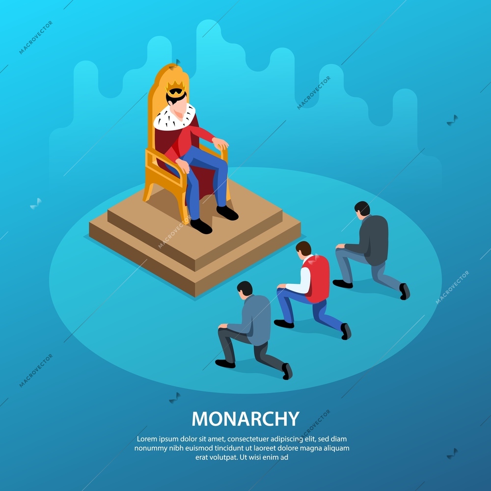 Isometric political systems square background with editable text and king on throne with people kneeling down vector illustration