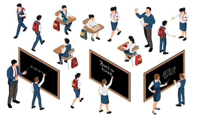Isometric school set with isolated icons and characters of teacher and pupils at classroom desks blackboards vector illustration