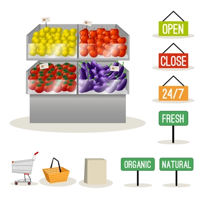 Supermarket fruits and vegetables set and shopping signs isolated vector illustration