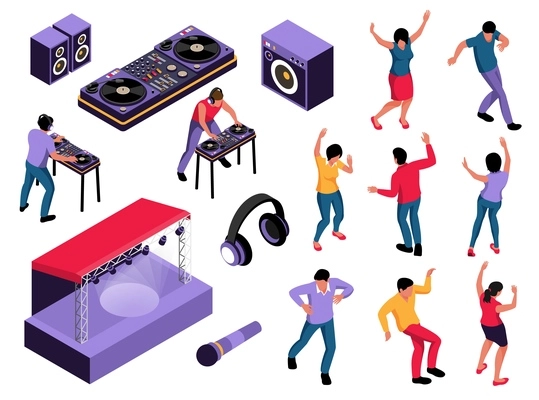 Isometric dj party set of isolated icons characters of dancing people and images of audio equipment vector illustration