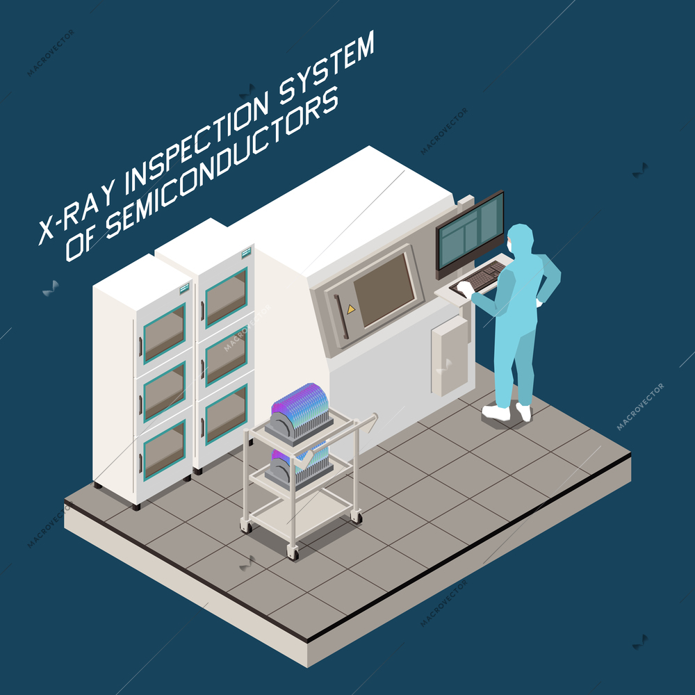 Semiconductor chip production isometric composition with text and factory appliance image with worker in chemical suit vector illustration