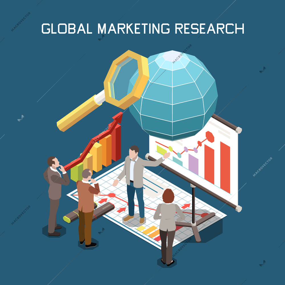 Project management isometric composition with editable text and characters of managers surrounded by graphs and charts vector illustration