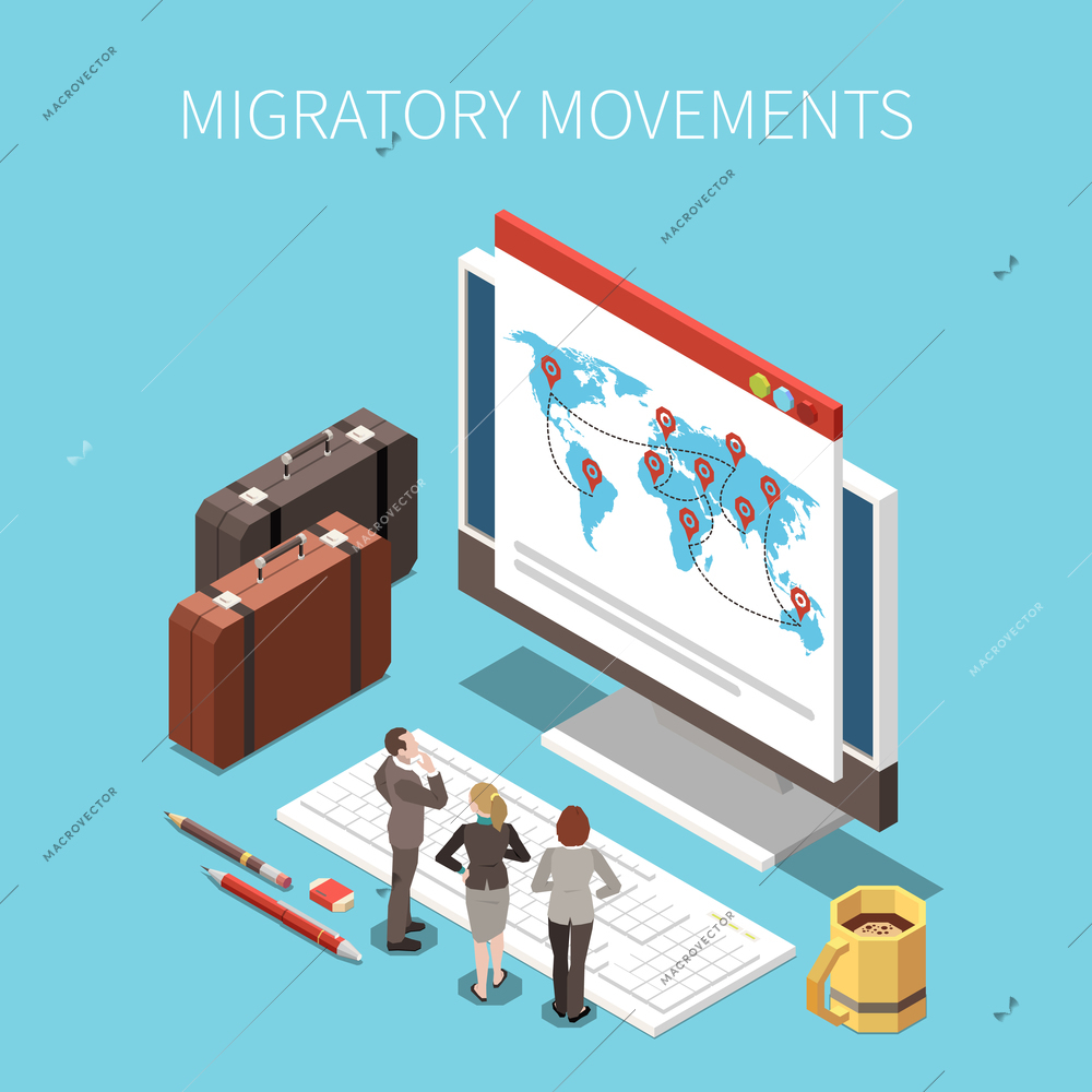 Population mobility migration displacement isometric composition with text and images of desktop computer people and suitcases vector illustration