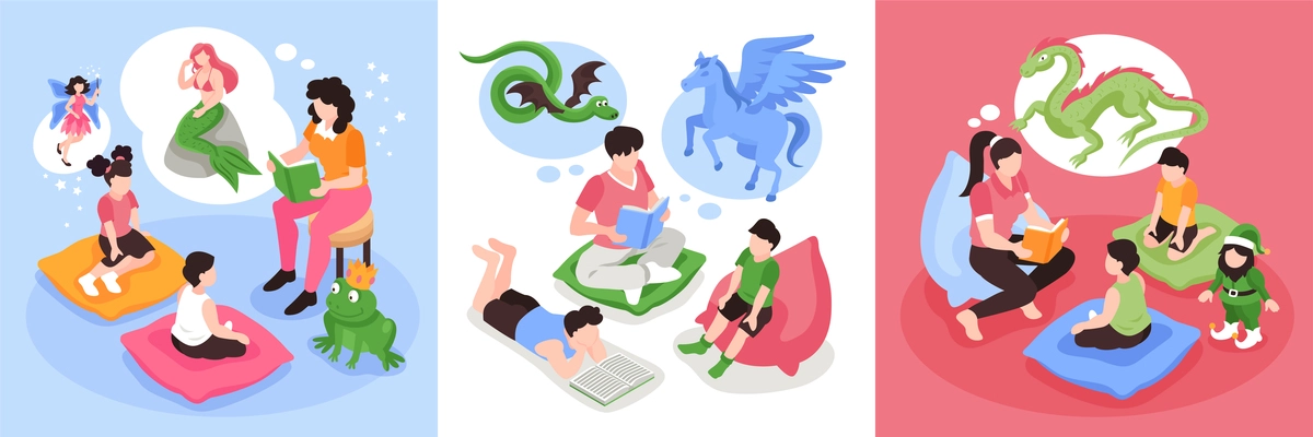 Isometric fairy tale story design concept with square compositions of reading people children and magic creatures vector illustration