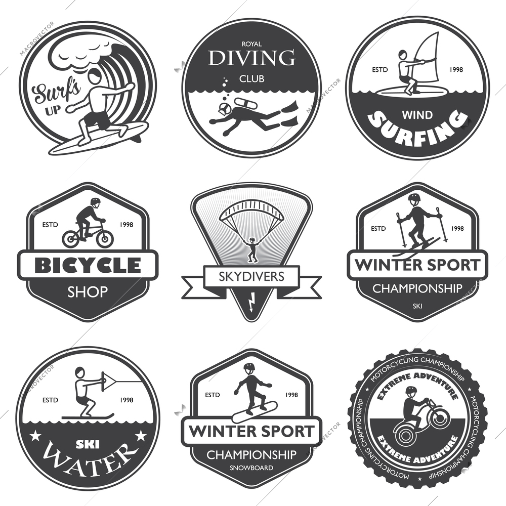 Vacation travel extreme sports labels set of rafting cross country climbing and snowboard vector illustration